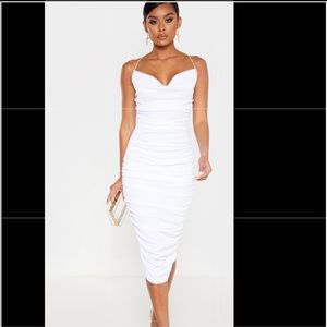 White crinkle texture ruched cowl neck midi